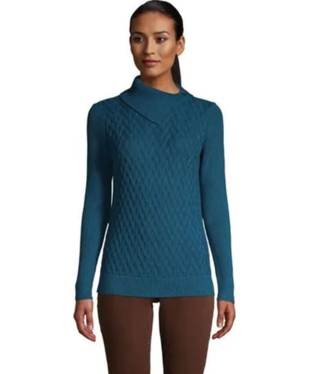 Lands' End Split Cowl Neck Basket Weave Knit Sweater Tunic Size XL Tall Cotton